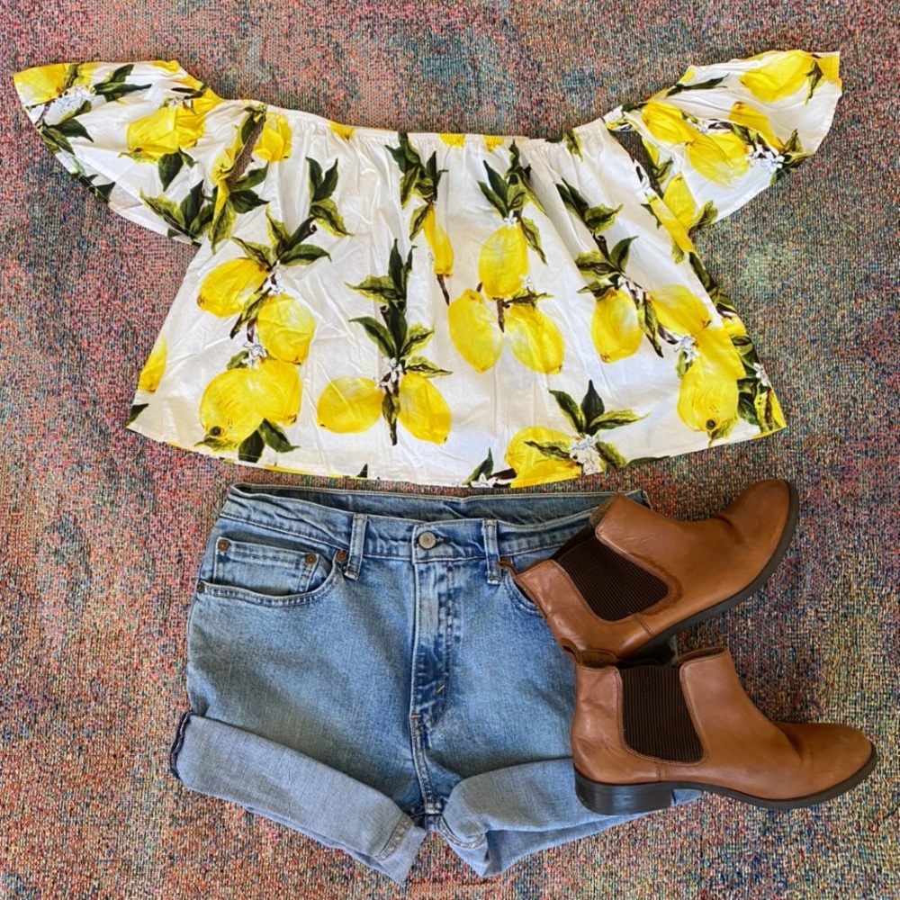 Boho off shoulder lemon print printed blouse top